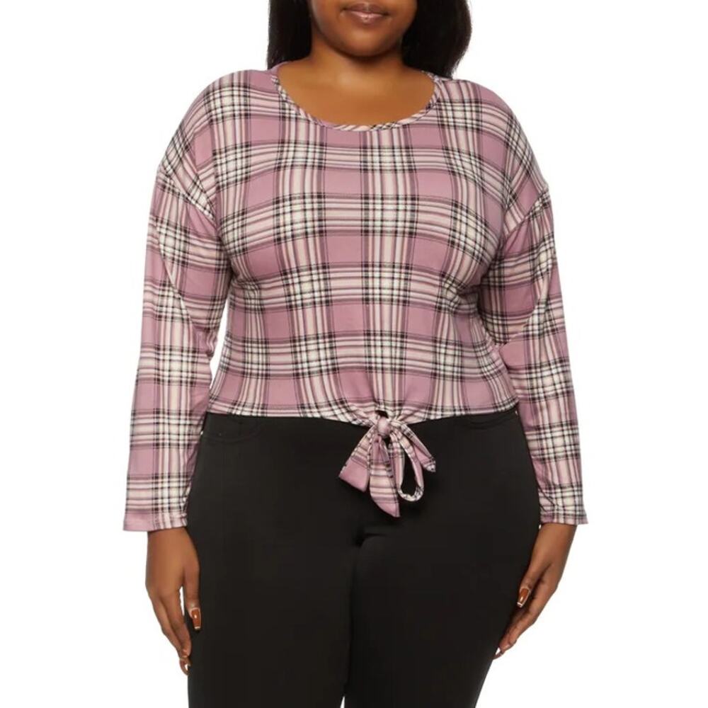 Rainbow Light Purple Plus Size Plaid Print High Low Top